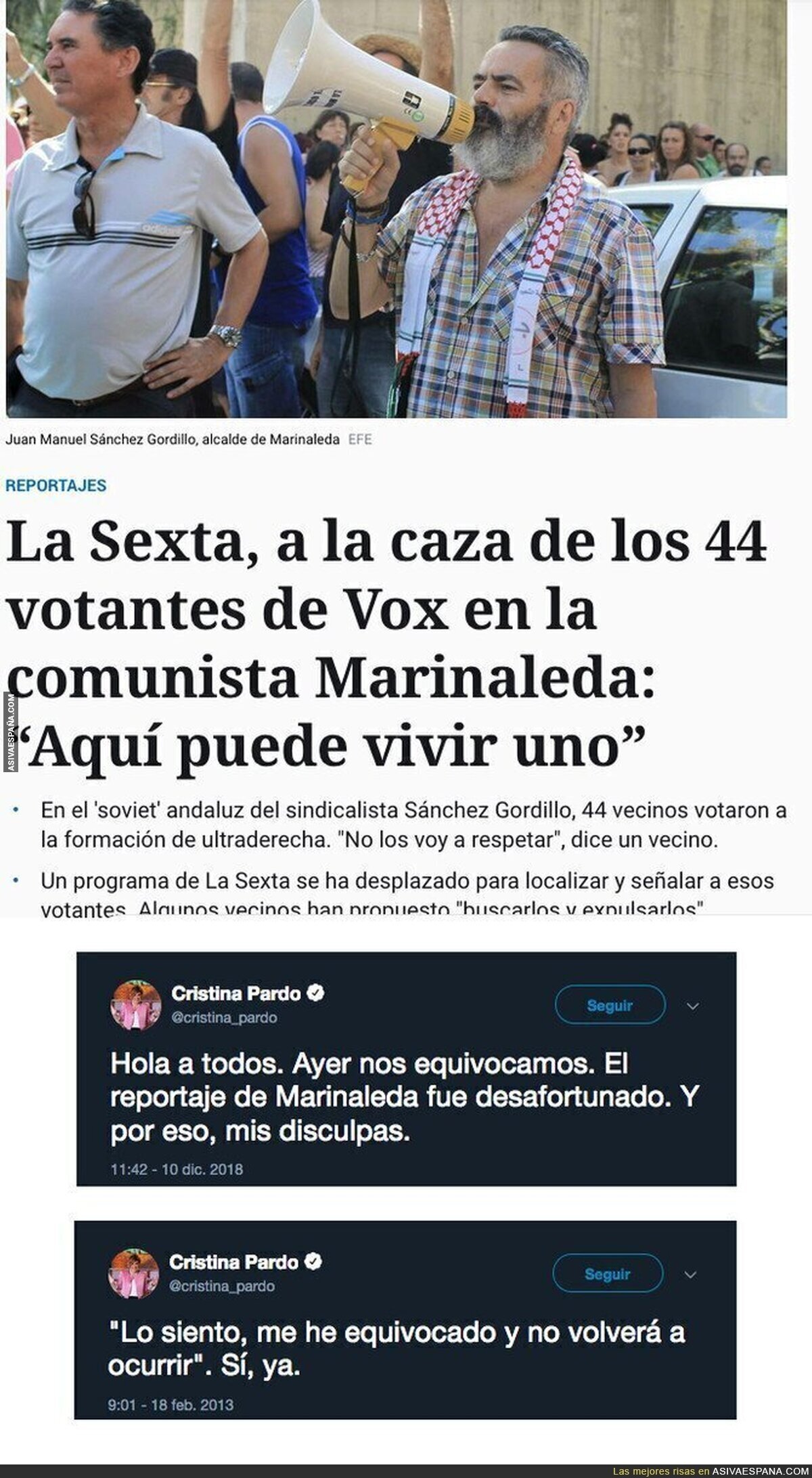 Cristina Pardo pide perdón por ir a la caza de votantes de VOX en Marinaleda y le recuerdan este tuit de 2013