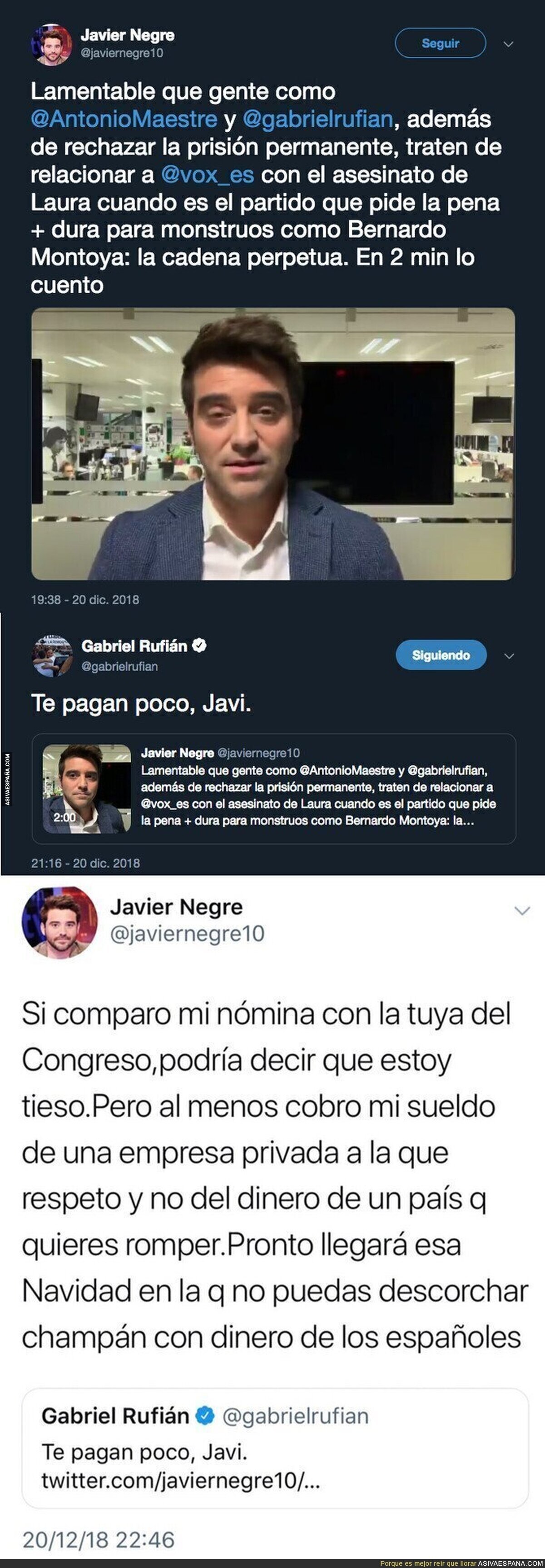 El periodista Javier Negre y Gabriel Rufián se enzarzan en Twitter tras la muerte de Laura Luelmo y el salario del de ERC en el Congreso