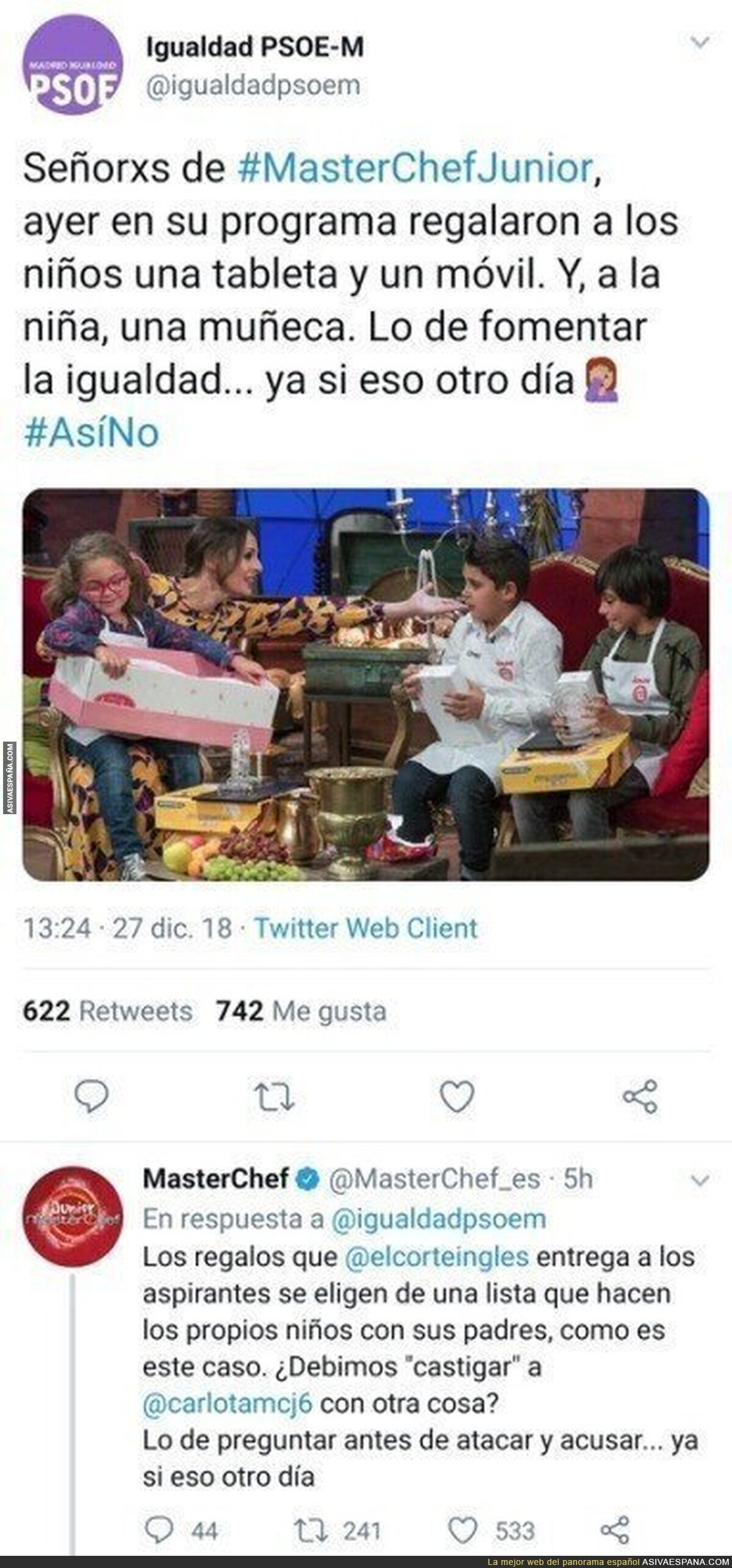 El PSOE en busca de la igualdad por los regalos a niños y niñas en Masterchef y hace el ridículo