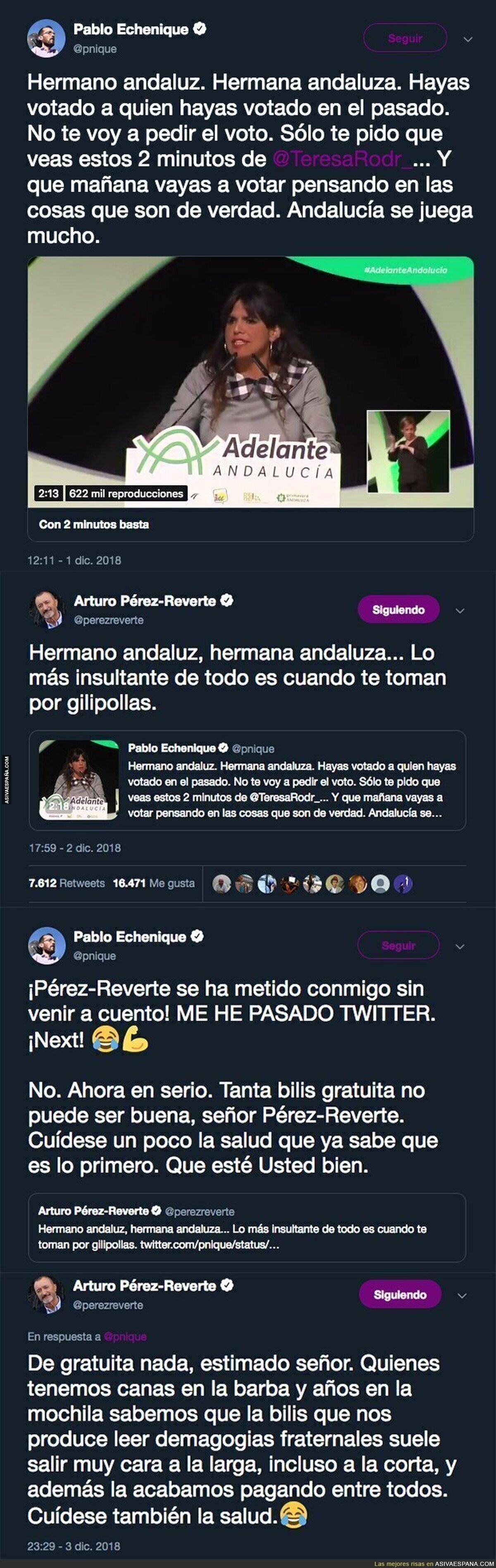Arturo Pérez-Reverte se enfrenta a Pablo Echenique en Twitter y le deja totalmente KO en la lona
