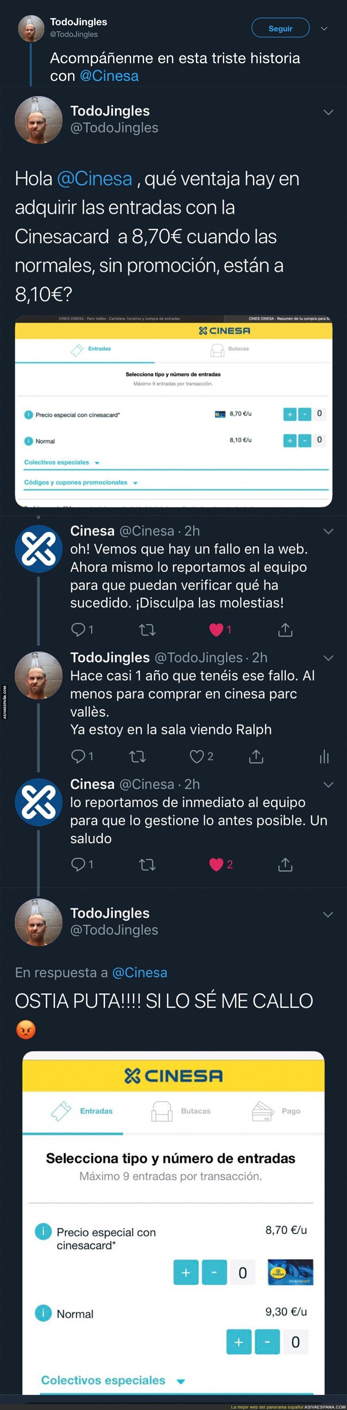 Se queja por Twitter del precio de las entradas en promoción de Cinesa y ocurre algo que nadie le perdonará