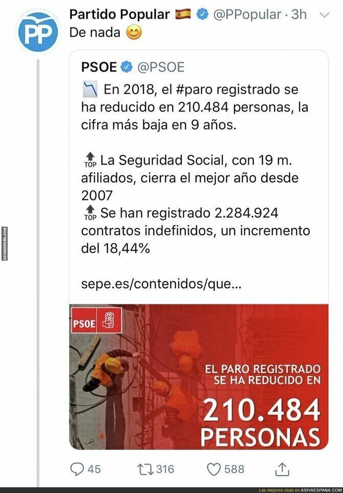 El PSOE saca pecho por los datos de paro en España y el PP responde con sutileza