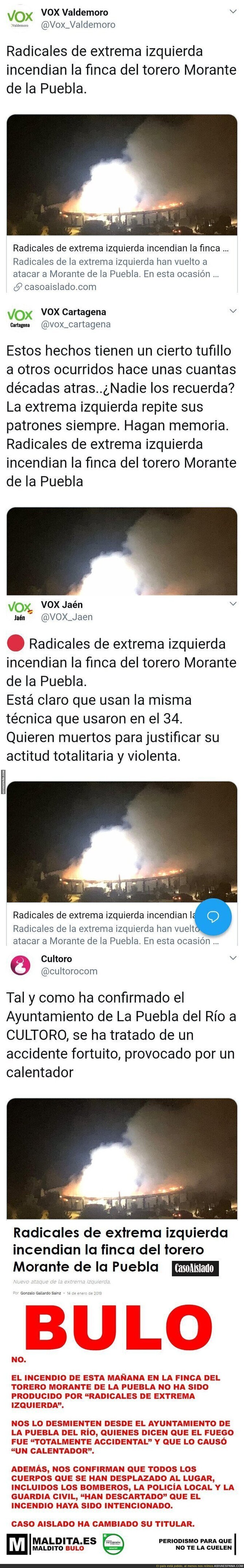 La web 'Caso Aislado' se inventa que la casa de Morante de la Puebla ha sido incendiada por gente de extrema izquierda