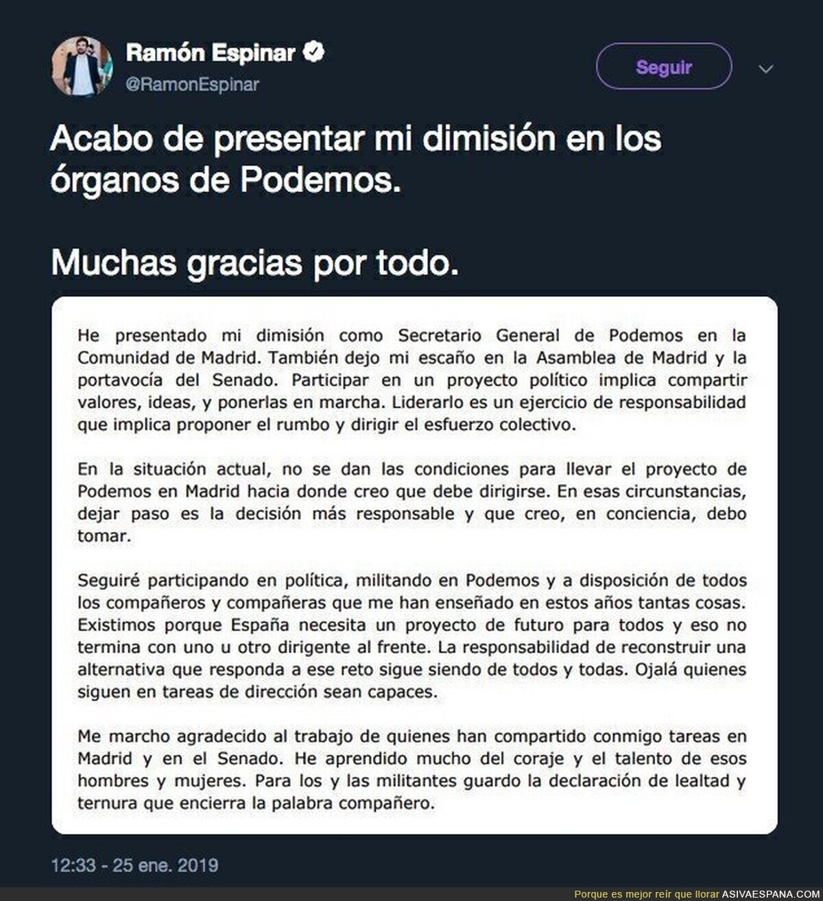Ramón Espinar se larga de Podemos