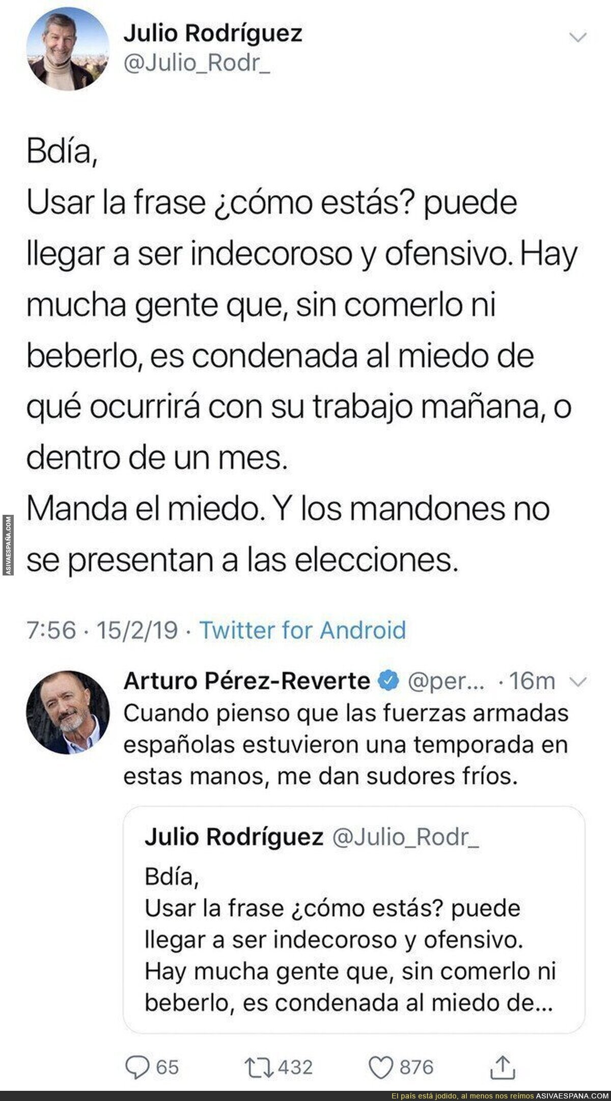 El comentario de Arturo Pérez-Reverte ante este tuit del Jemad Julio Rodríguez
