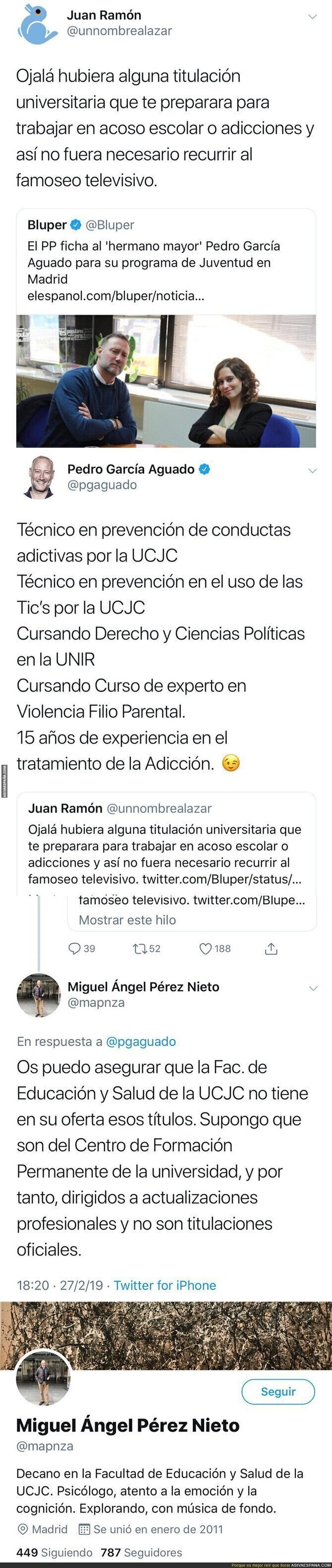 Pedro García Aguado saca pecho por unos estudios universitarios sobre acoso en la UCJC y un decano le da un ZAS memorable