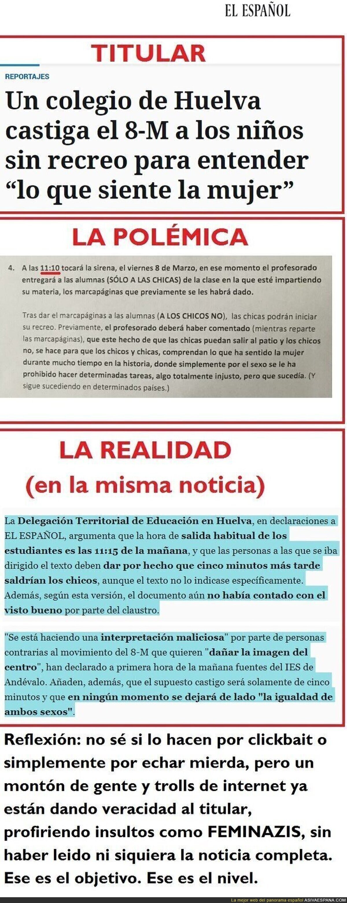 NO, ningún niño será castigado sin recreo en Huelva el día de la mujer. Fake News es tres actos en el digital de Pedro J. Ramírez.