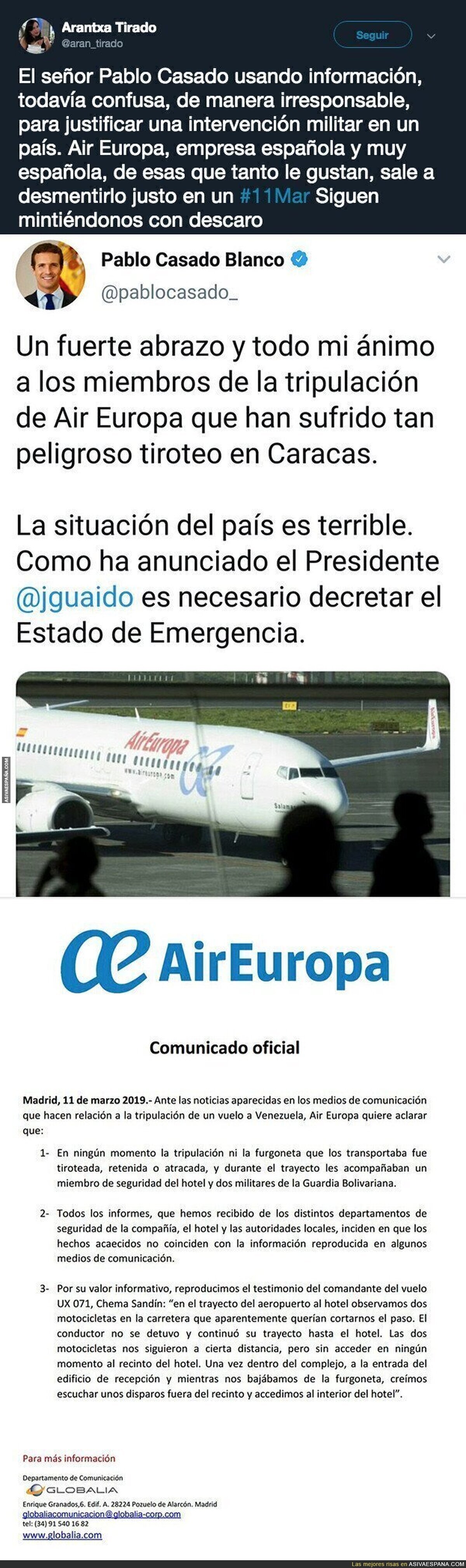 Pablo Casado miente descaradamente sobre Venezuela usando fuentes de Juan Guaidó que ha desmentido la propia Air Europa