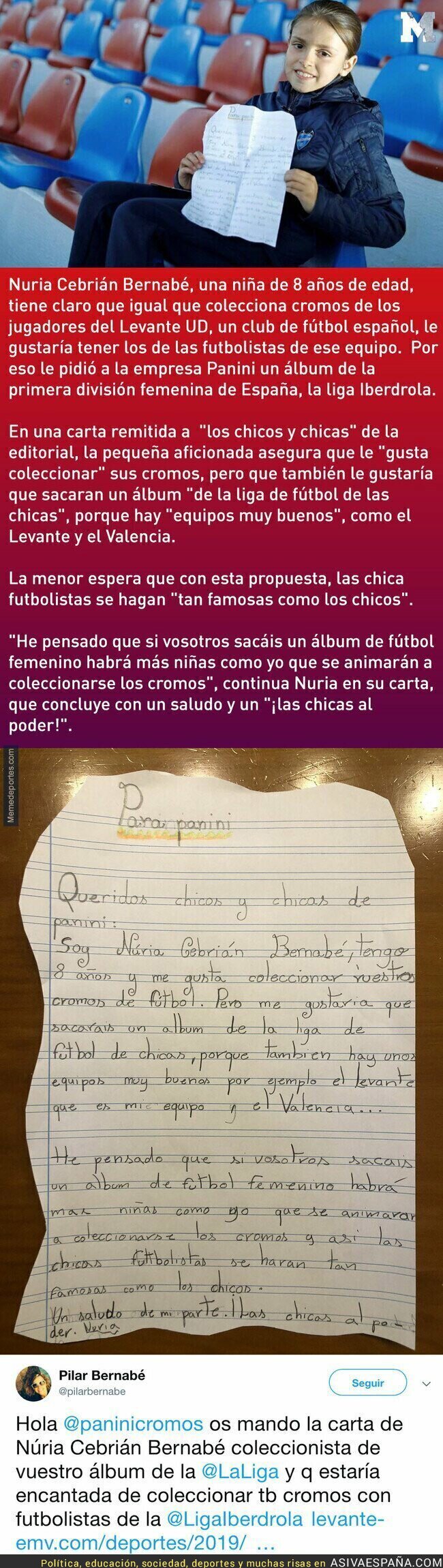 Una carta para Panini de esta niña que quiere coleccionar los cromos de la Liga Femenina