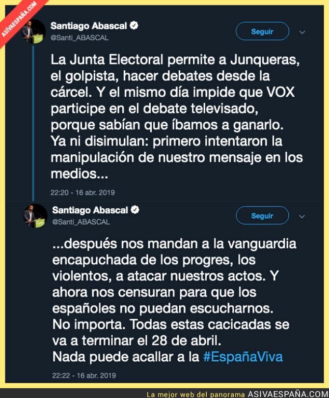 Santiago Abascal (VOX) denuncia su expulsión del debate electoral