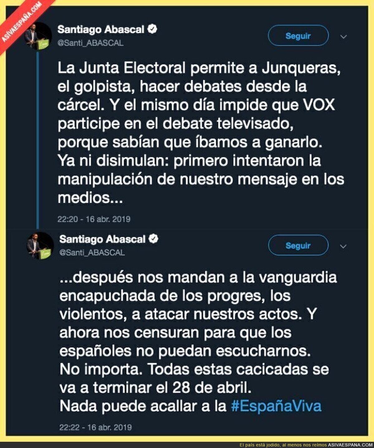 Santiago Abascal (VOX) denuncia su expulsión del debate electoral