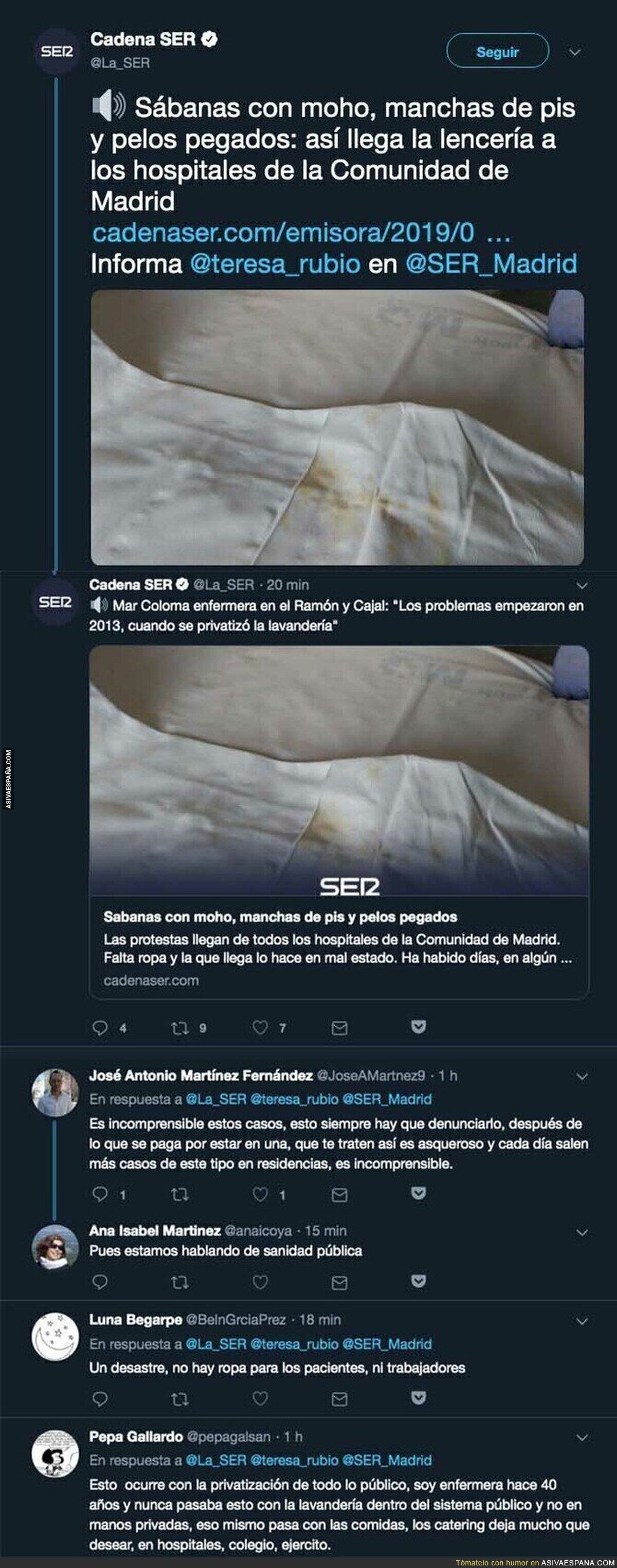 La extrema suciedad de la lencería en los hospitales privatizados de la Comunidad de Madrid