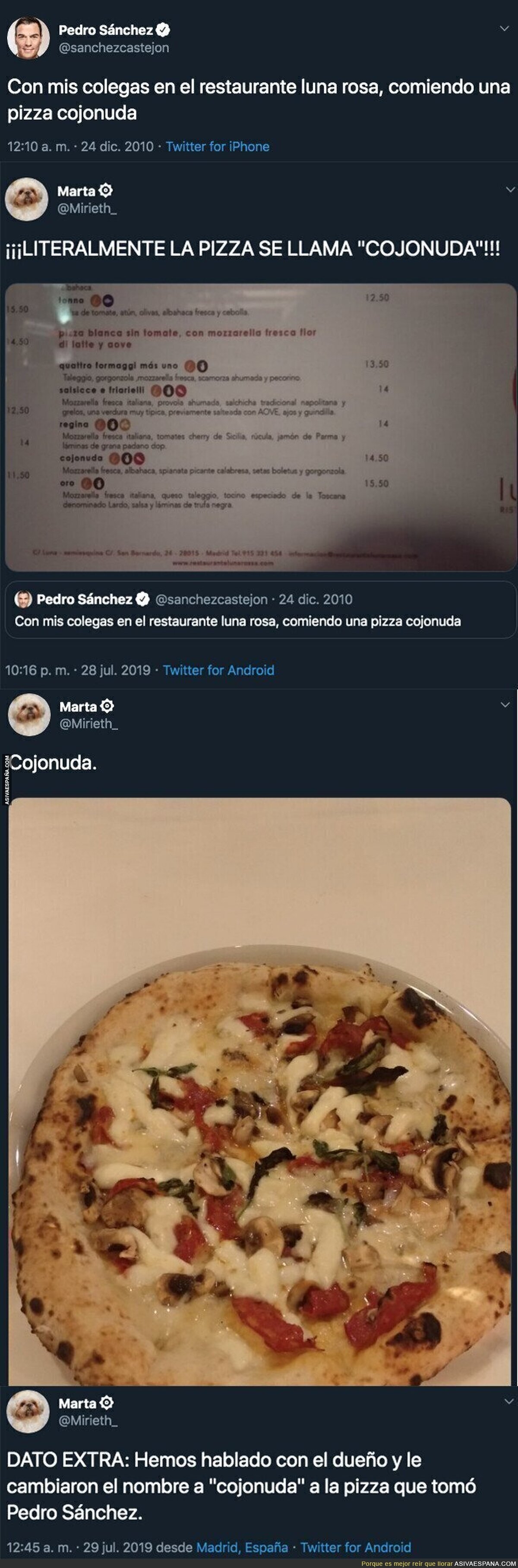 Sale a la luz el secreto de la pizza 'cojonuda' que Pedro Sánchez tuiteó en 2010