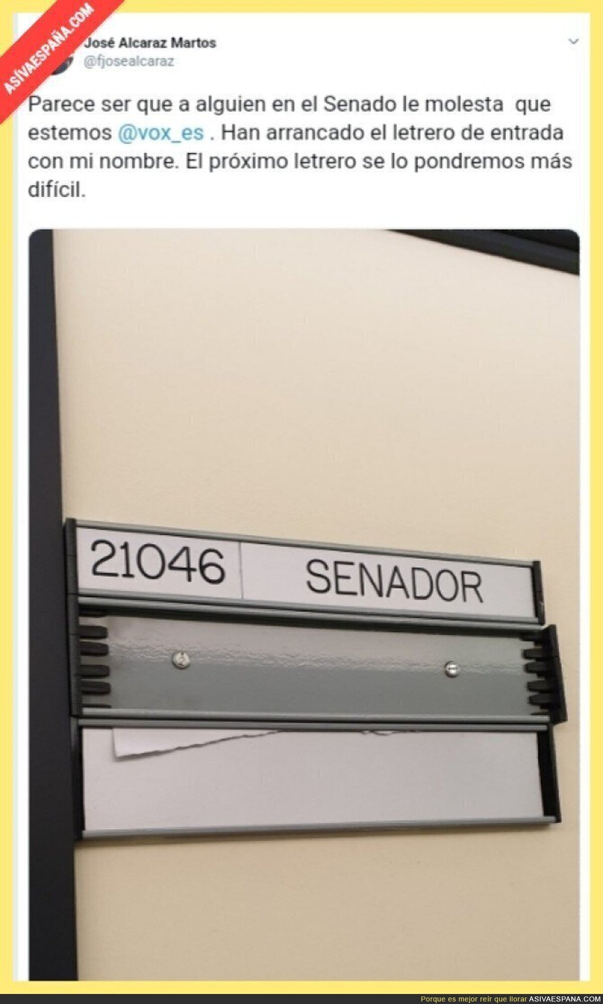 Cuando un periodista hace fotos al despacho de Irene Montero se lía, pero cuando senadores arrancan carteles en el Senado de VOX...