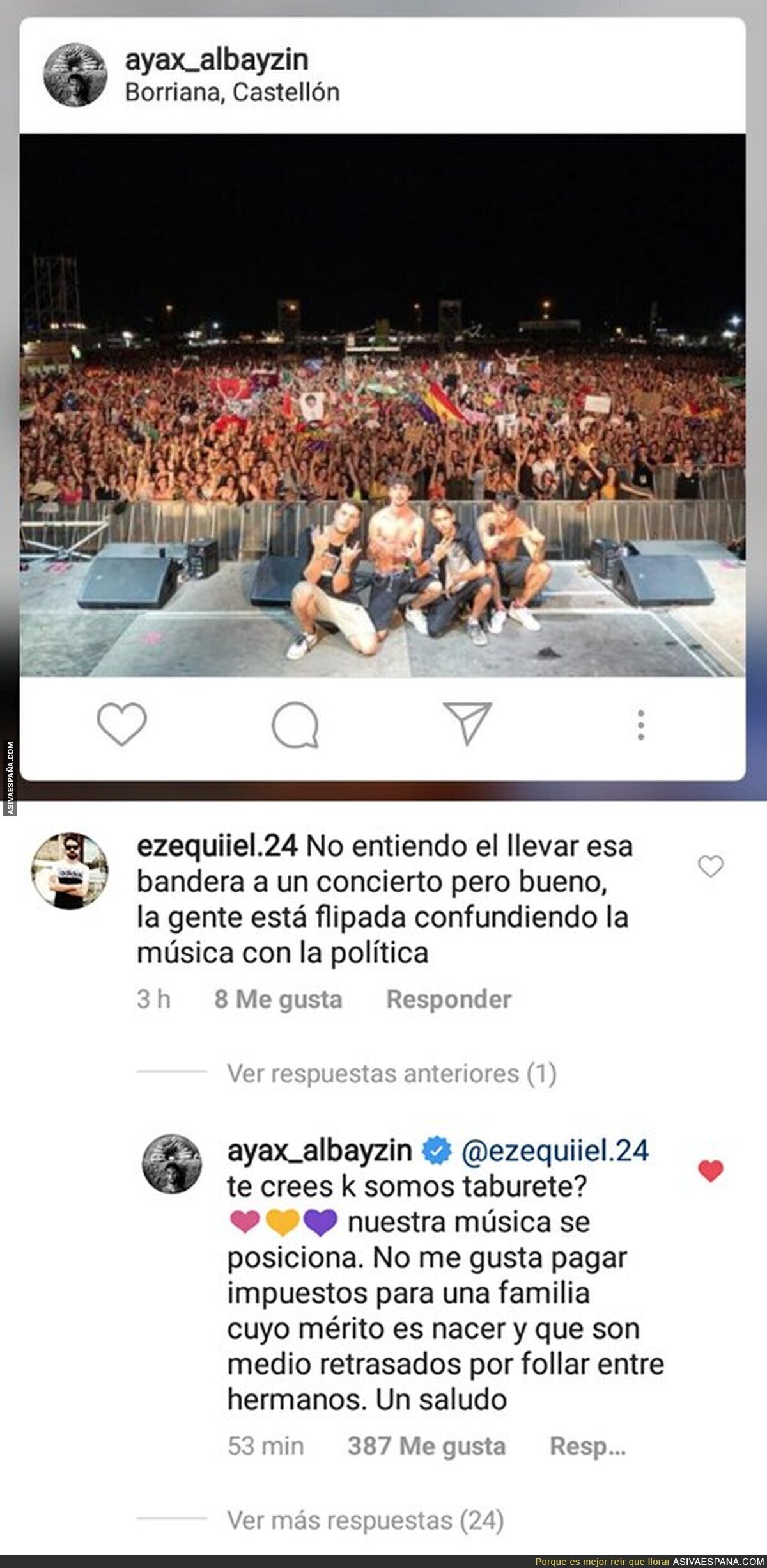 El rapero Ayax se la saca de forma descomunal al responder así a un usuario por ver banderas republicanas en sus conciertos