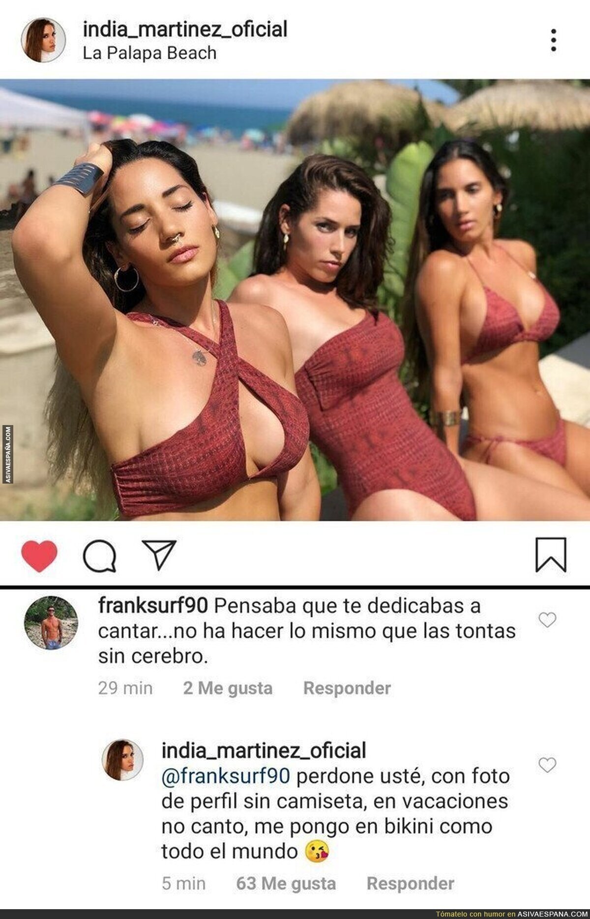 La gran respuesta de India Martínez a un usuario por este reproche al subir una foto en bikini