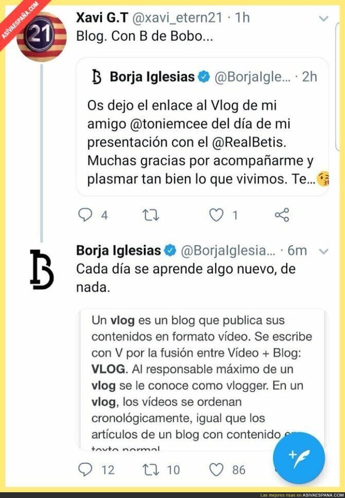 El futbolista Borja Iglesias le da una lección a un tuitero que se ríe de él por escribir 'vlog'