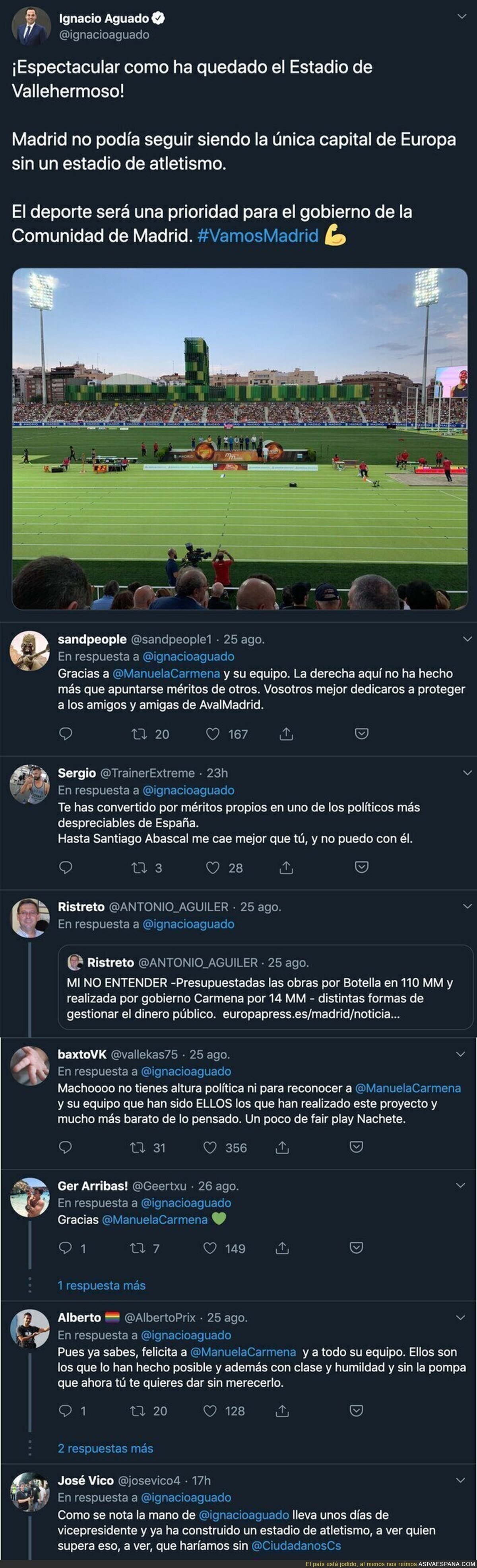Ignacio Aguado se alegra de como ha quedado el estadio de atletismo en Madrid sin mencionar a Manuela Carmena