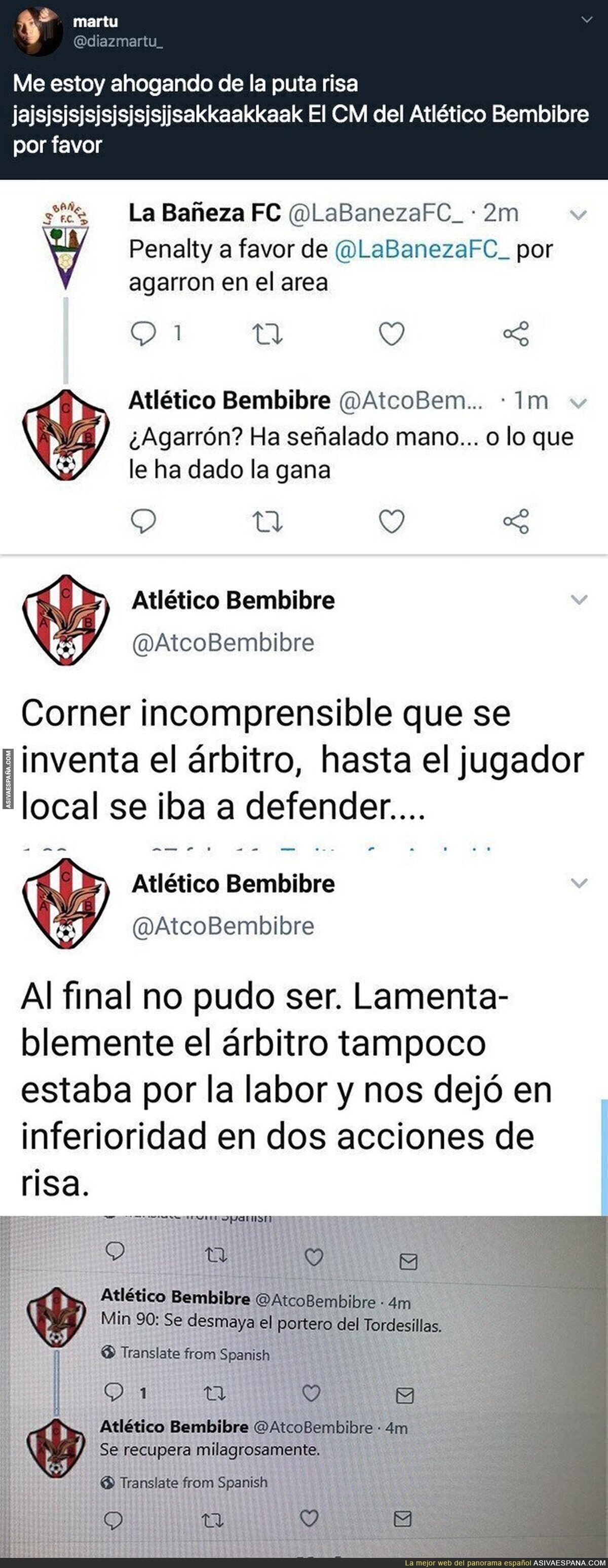 Todo el mundo se está partiendo de risa con los tuits que publica el CM del Atlético Bembibre durante los partidos
