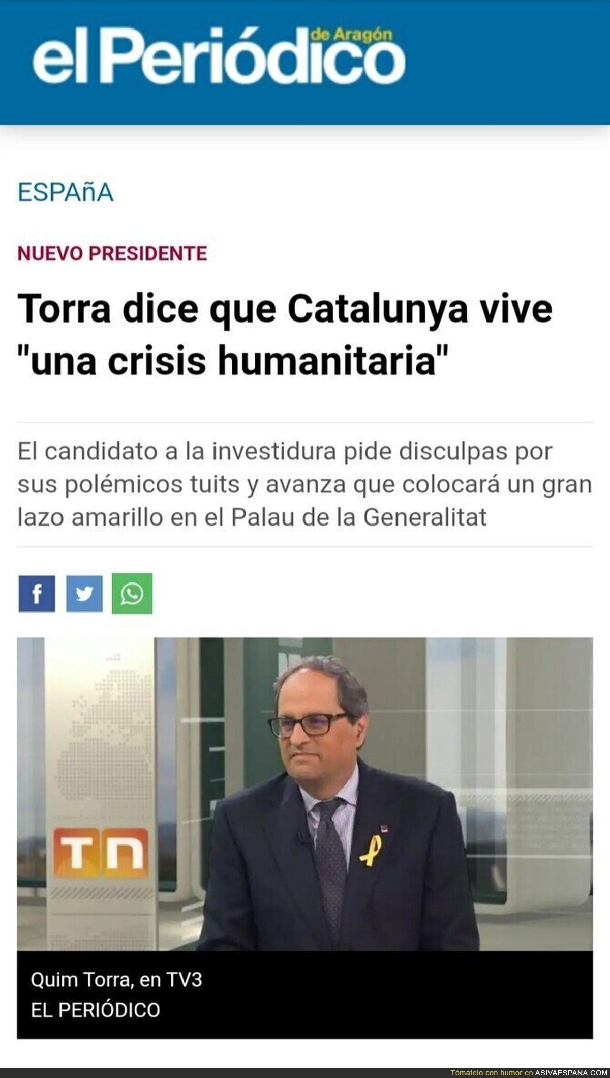 "Catalunya está en crisis humanitaria", según Quim Torra