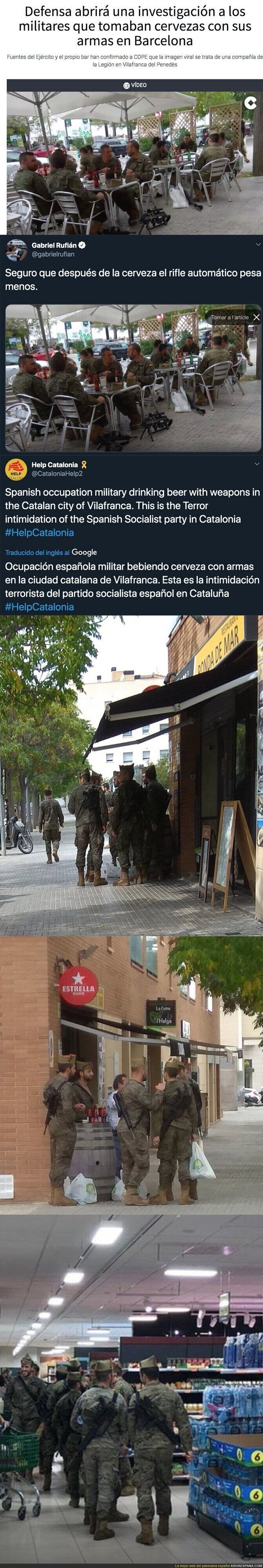 Lío monumental por esta foto de varios militares tomando cerveza por Catalunya con armas en el suelo