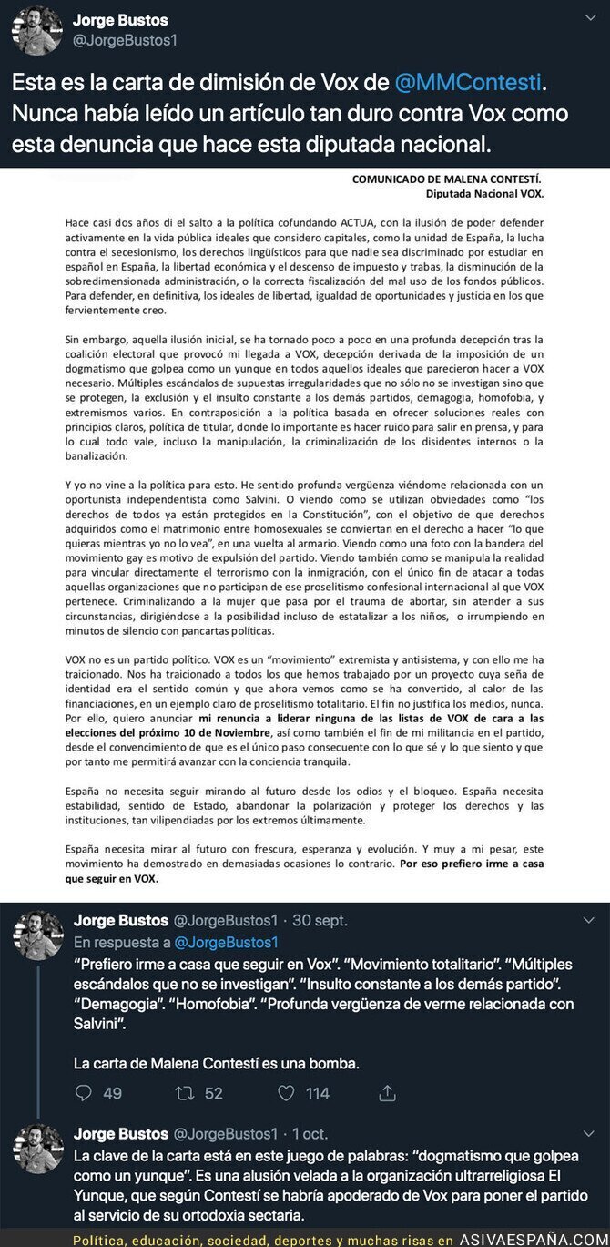 [ ASÍ VA ESPAÑA ] La tremenda carta de Malena Contestí 