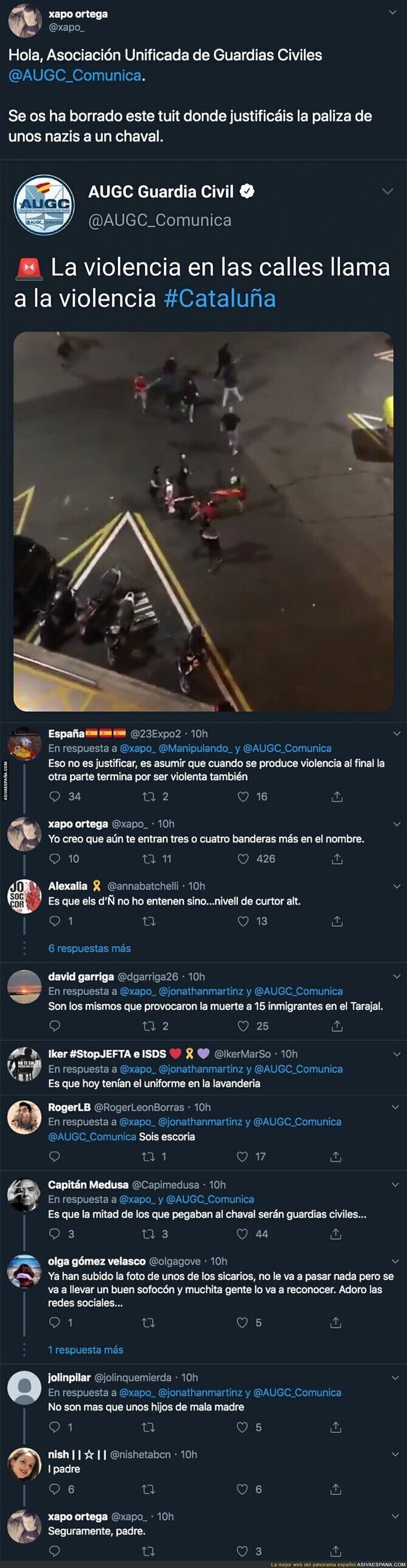 El lamentable tuit de la Asociación Unificada de Guardias Civiles justificando la violencia en las calles de Barcelona que han tenido que borrar