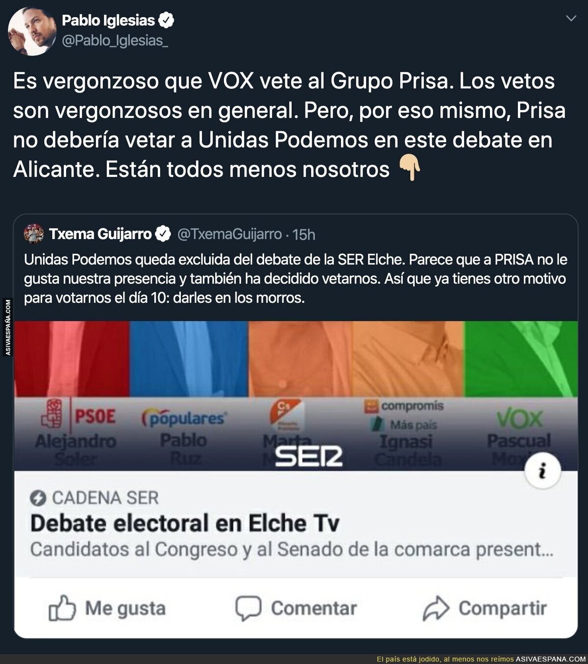 PRISA se queja de un veto de VOX y ellos son los primeros en hacerlo con Unidas Podemos
