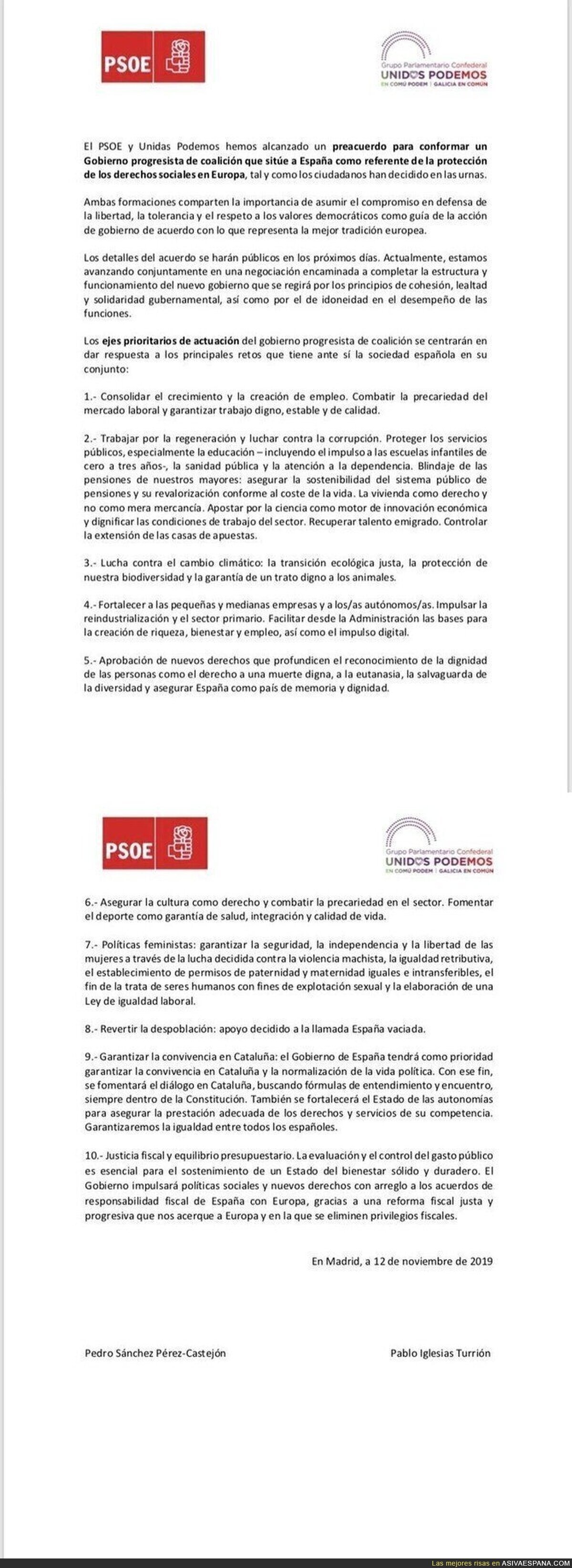 El texto con el que PSOE y Unidas Podemos llegan a un acuerdo