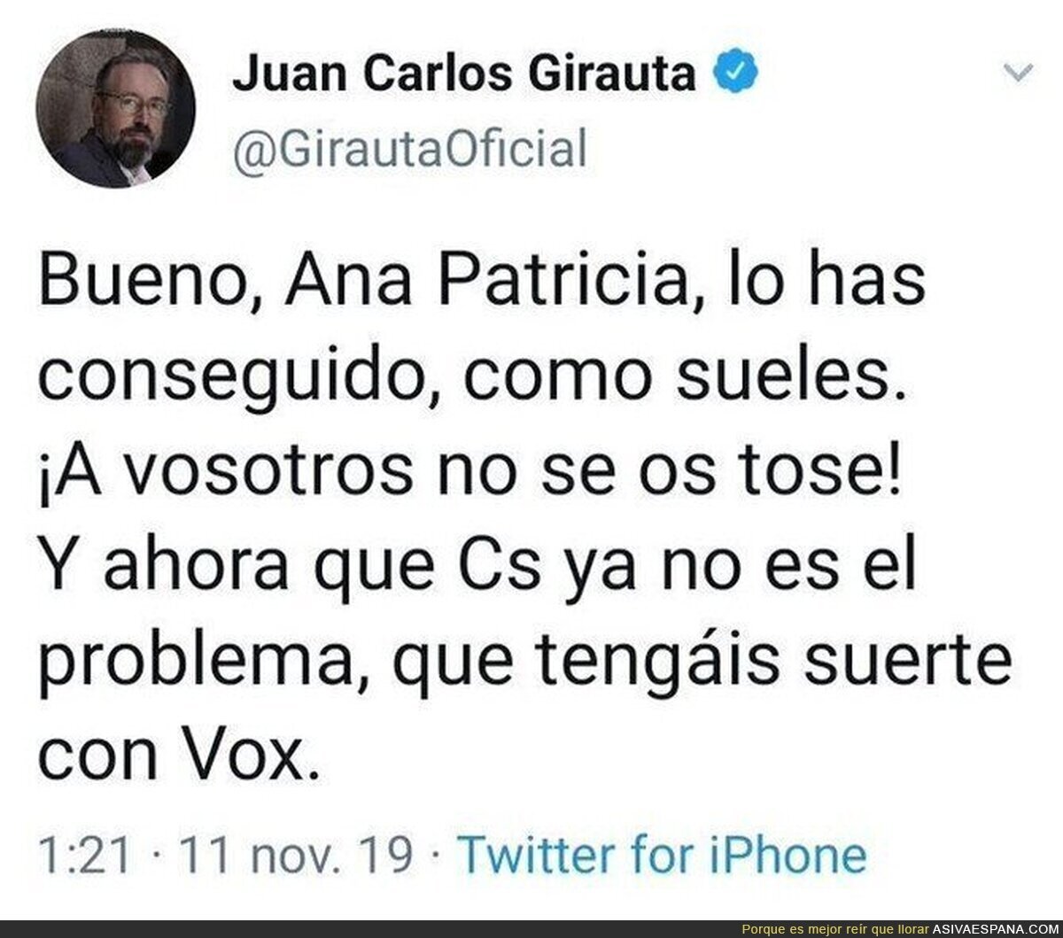 El mensaje que Juan Carlos Girauta borró a los dos minutos tras culpar a Ana Botín del Banco Santander
