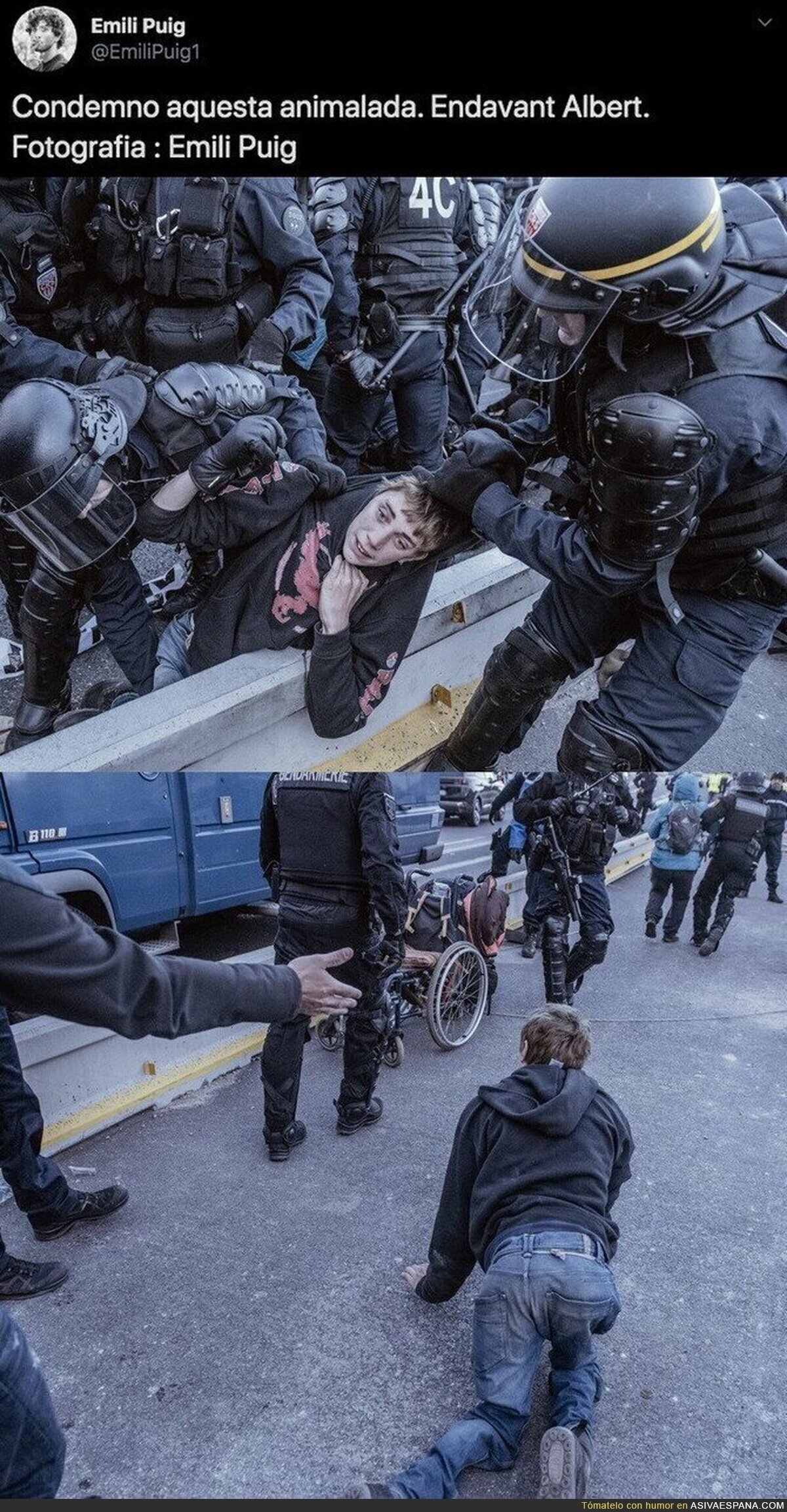 La brutalidad policial de la policía francesa con un chico en silla de ruedas