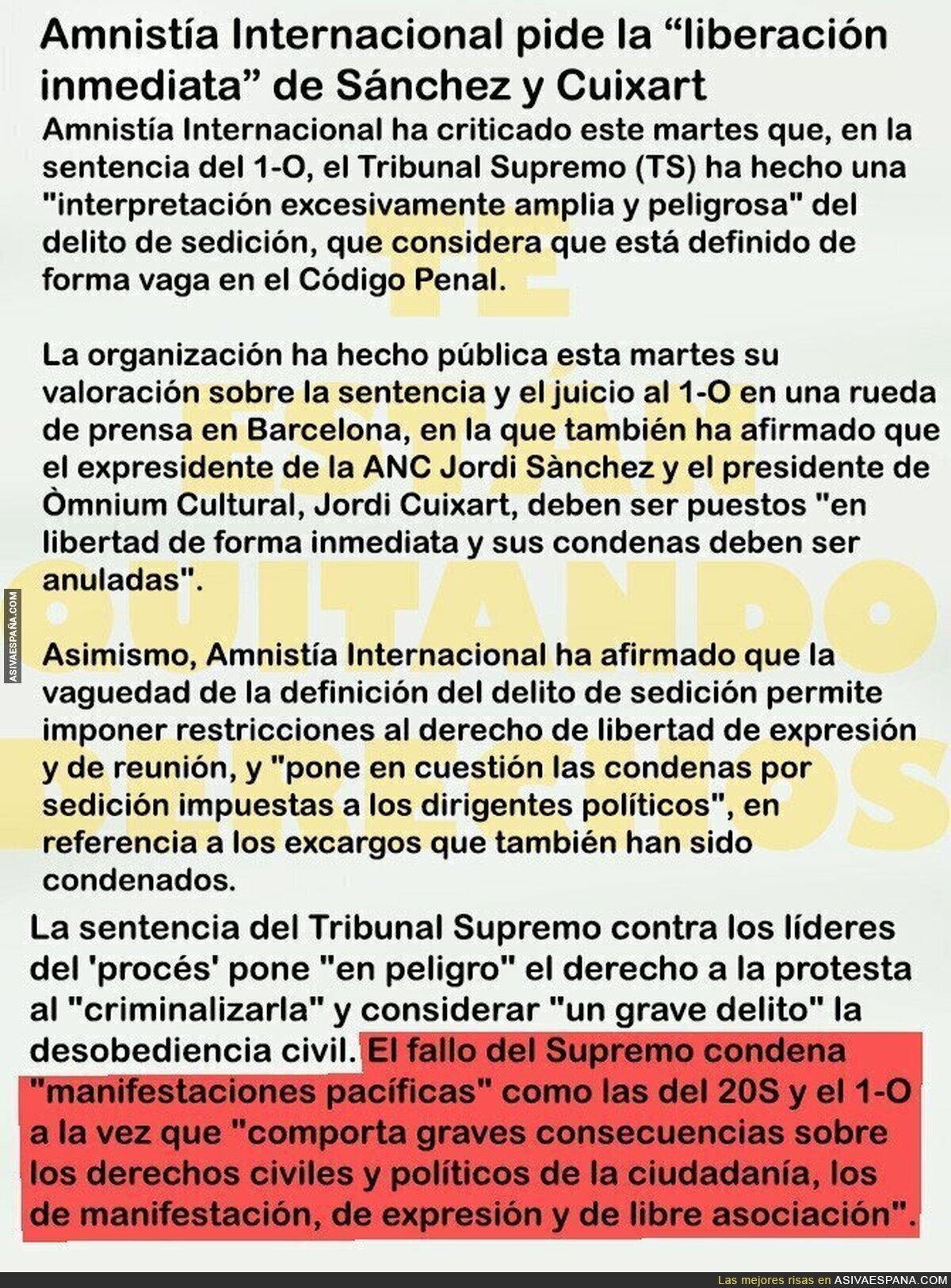 Amnistía Internacional pide la "liberación inmediata" de Sánchez y Cuixart