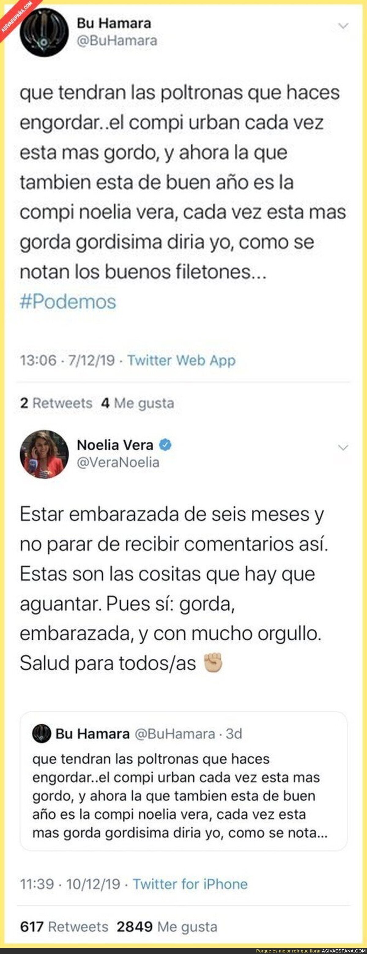 Llaman 'gorda' a Noelia Vera de Podemos y así de tajante responde al estar embarazada