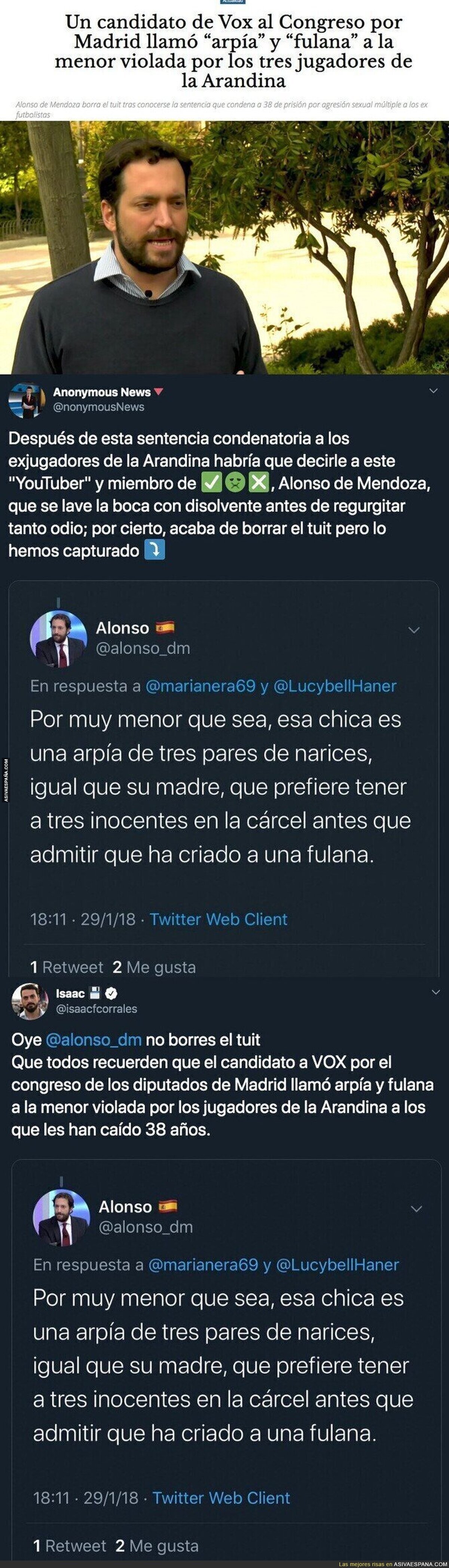 Este es el tuit del candidato de Vox al Congreso por Madrid que llamó “arpía” y “fulana” a la menor violada por los tres jugadores de la Arandina y que borró el tuit