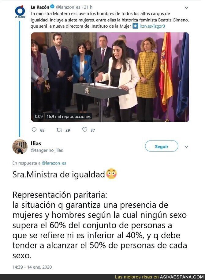 La primera acción de Irene Montero como ministra de Igualdad, es incumplir la ley de Igualdad