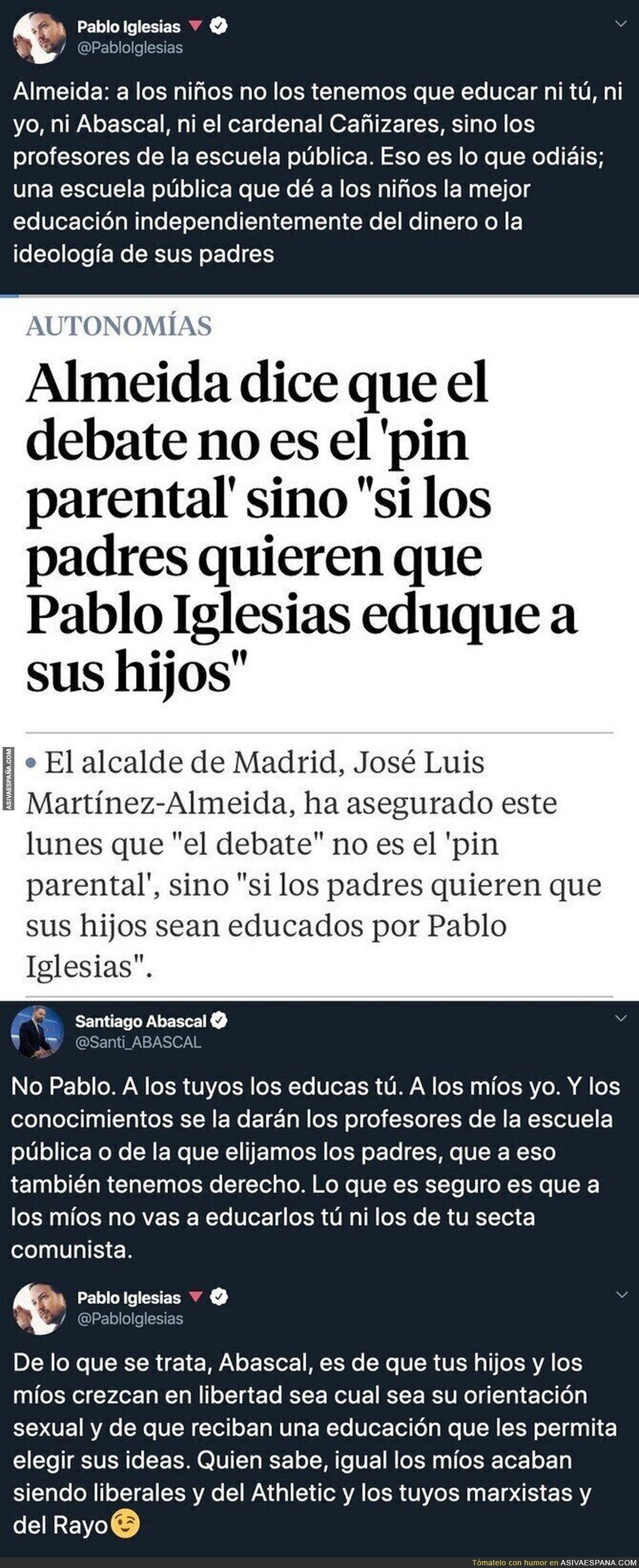 Santiago Abascal se enzarza en Twitter con Pablo Iglesias por el PIN Parental y el de Podemos sale como claro ganador