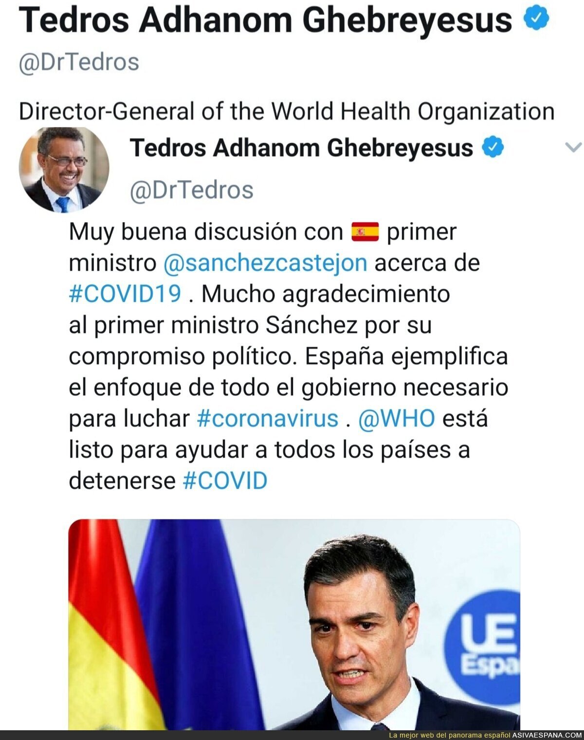 El Director General de la OMS alaba a España y la gestión del gobierno como referencia