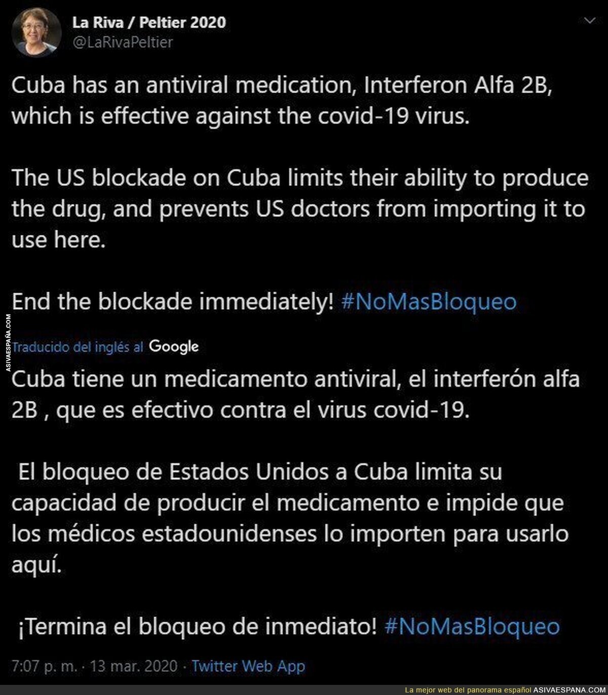 Cuba ha desarrollado un medicamento efectivo contra el coronavirus y no puede producirlo por el bloqueo de los Estados Unidos.