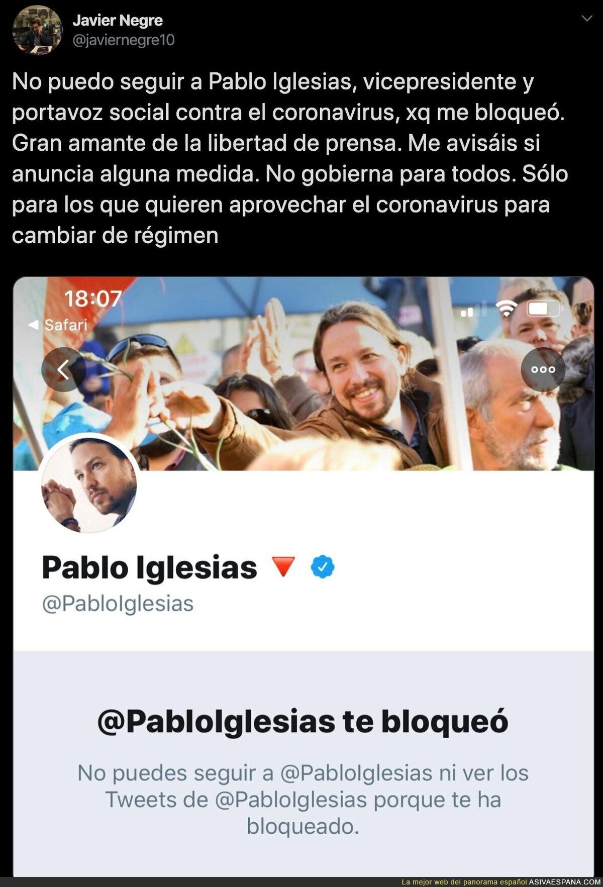 Pablo Iglesias bloquea a Javier Negre por ser un manipulador y se hace el sorprendido