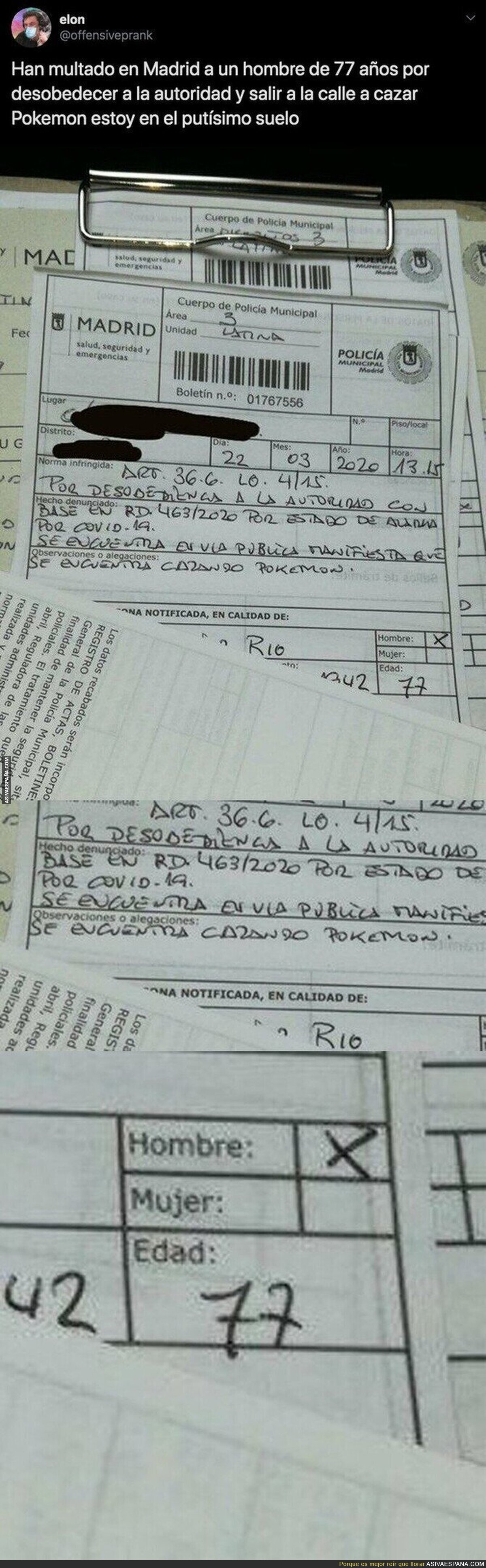 Surrealista total: han multado a un señor de 77 años por las calles de Madrid por cazar Pokémon y este es el parte de la multa