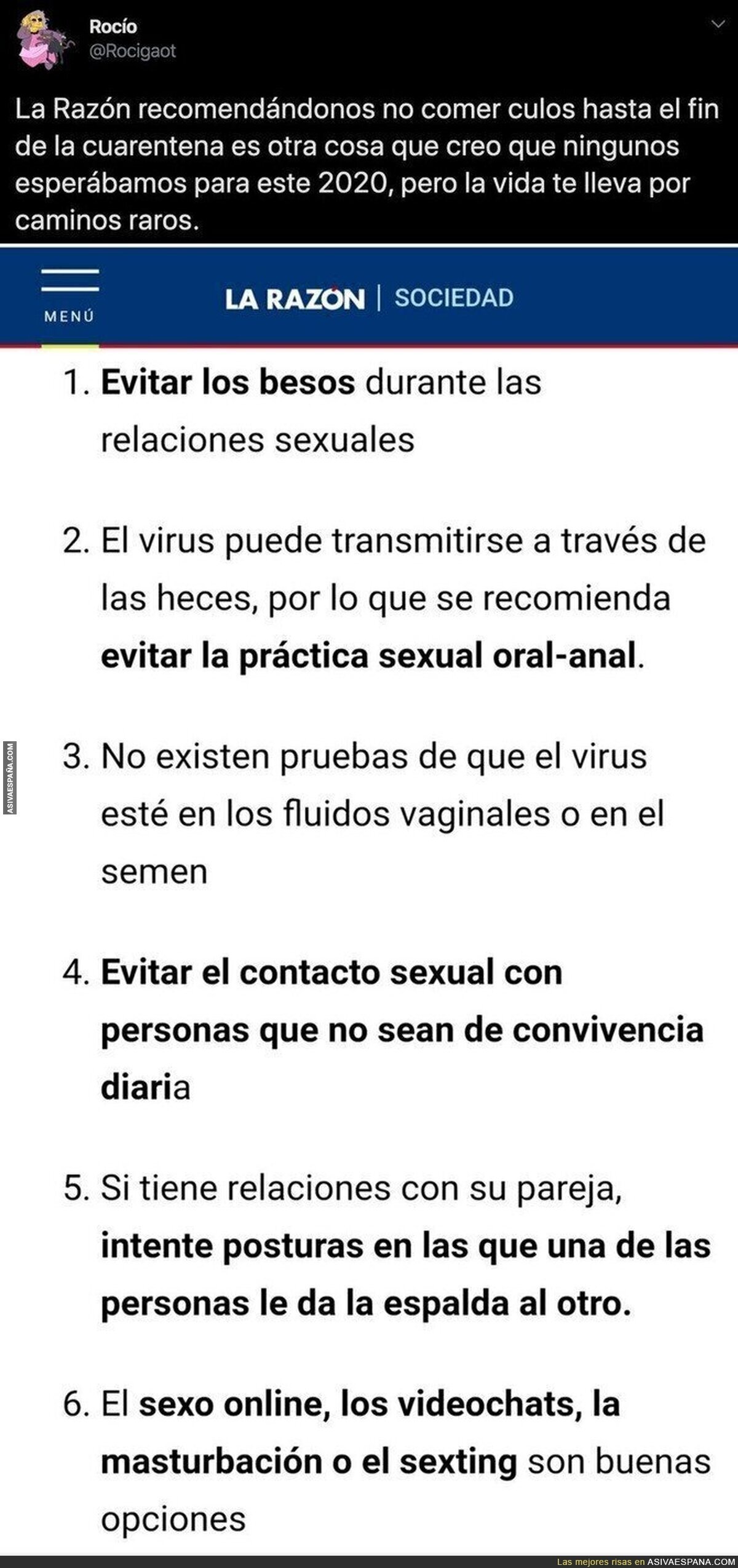 La práctica sexual que 'La Razón' recomienda no hacer durante la cuarentena por la crisis del coronavirus