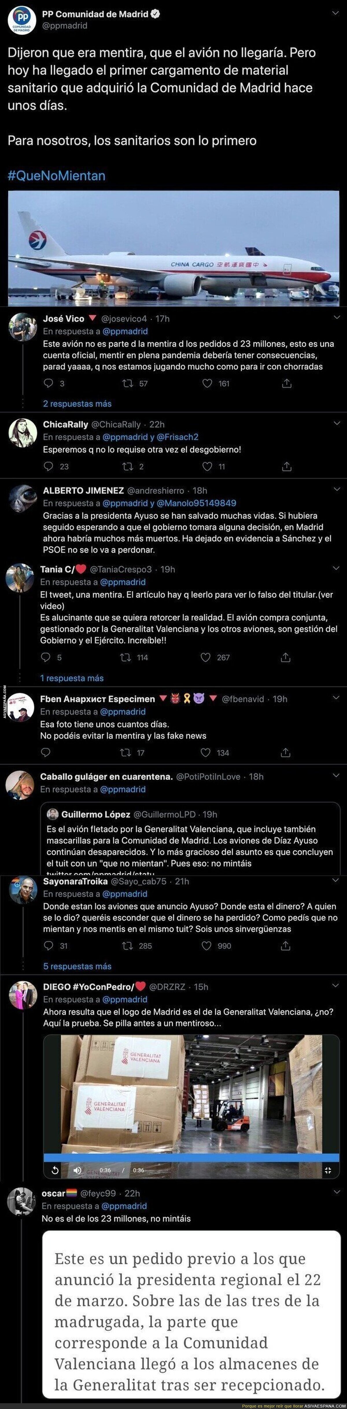El PP anuncia -al fin- la aparición del avión con ayuda sanitaria para Madrid y los tuiteros les descubre la gran mentira