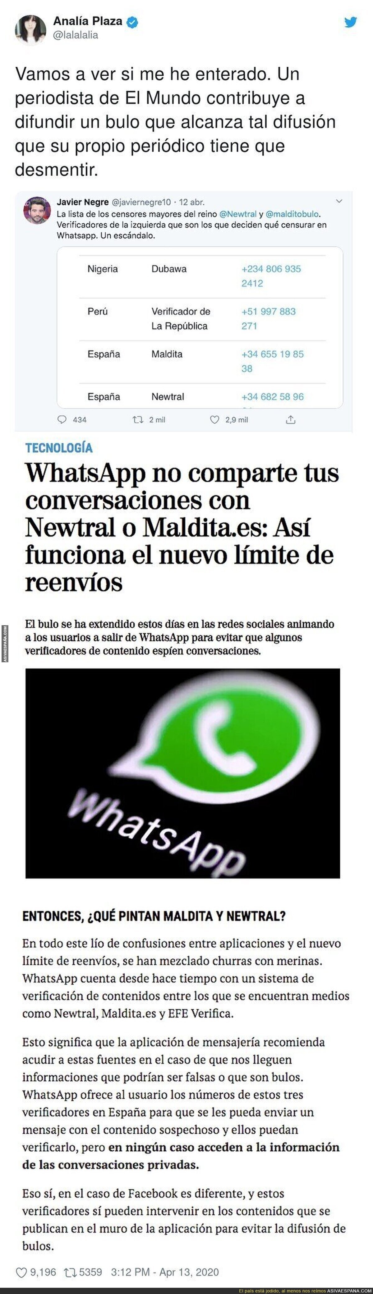 Javier Negre difunde un bulo sobre WhatsApp y el coronavirus y su propio diario le desmiente