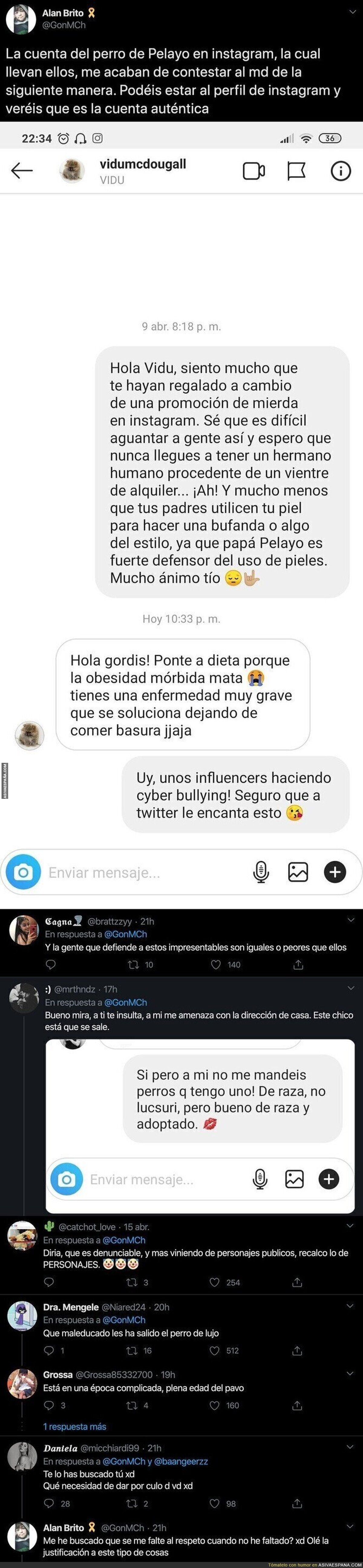 Pelayo Díaz usa la cuenta de su perro comprado para amenazar e insultar a la gente con estos mensajes