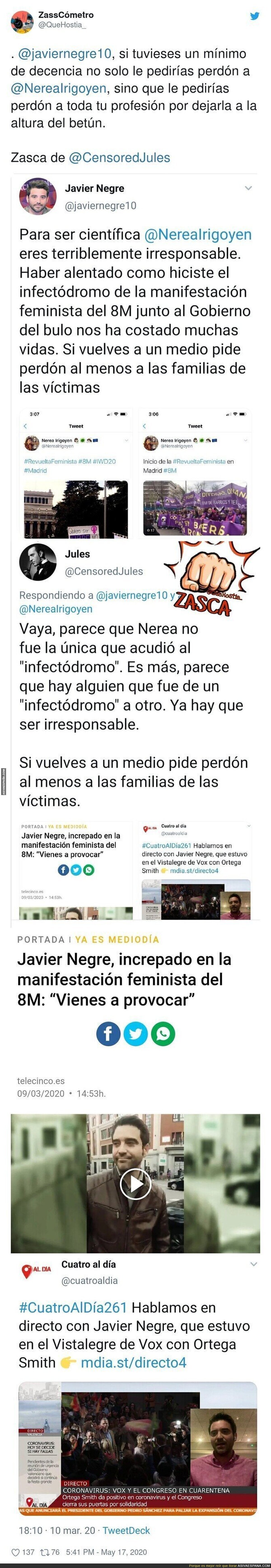 Escándalo: Así es como Javier Negre está acosando por redes sociales a la viróloga Nerea Irigoyen por haber acudido a las manifestaciones del 8M