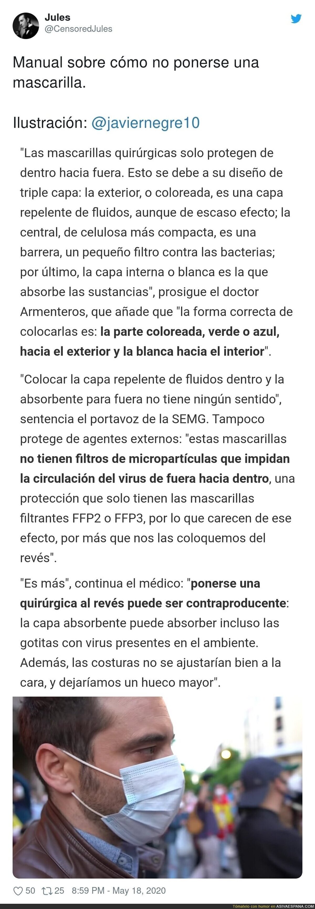 Javier Negre no sabe ni ponerse una mascarilla y se va de caceroladas rodeado de gente