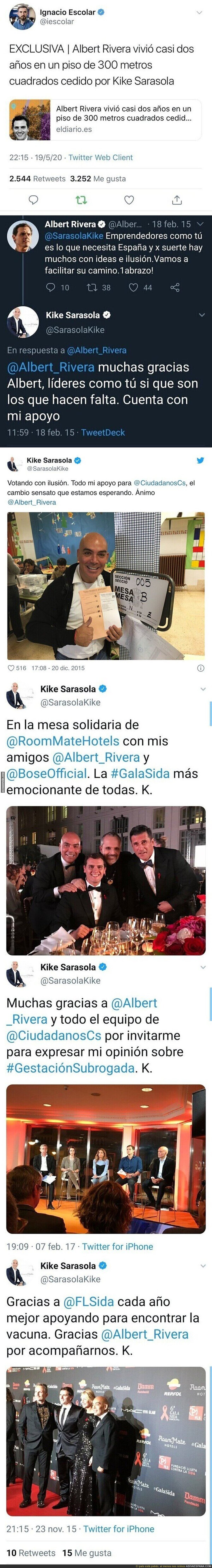 Ojo a todos los tuits que le dedicaba Kike Sarasola a Albert Rivera años atrás al saberse hoy que le cedió una casa de 300m2