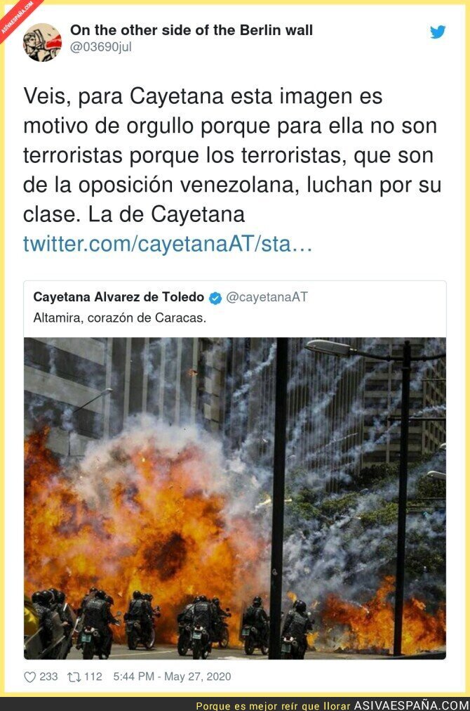 Cayetana llama terrorista al padre de Pablo Iglesias pero aplaude actos terroristas contra la policía venezolana de Chávez
