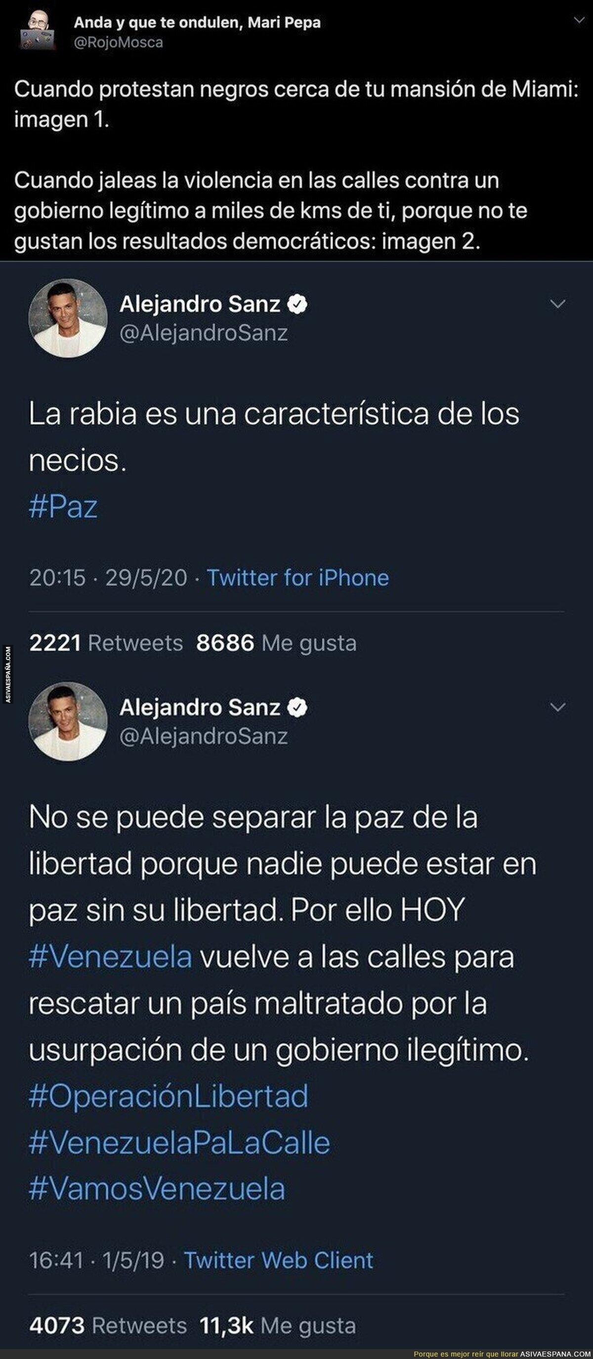 El doble rasero increíble de Alejandro Sanz cuando la gente que protesta es negra o son venezolanos contra su legítimo gobierno
