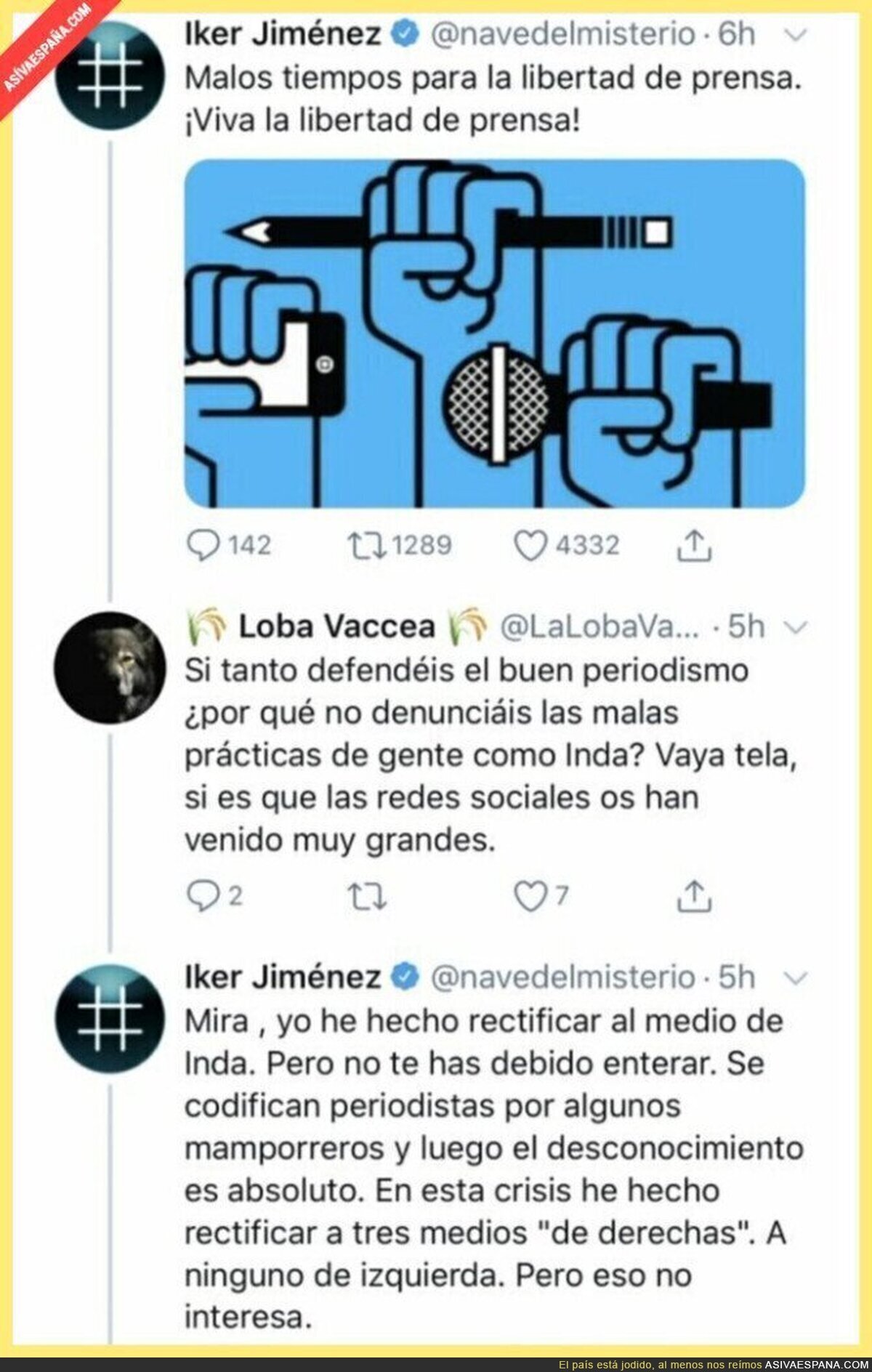 Iker Jiménez le da un repaso a un usuario de Twitter tras quejarse que no denuncia las informaciones de Eduardo Inda